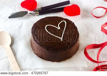 Chocolate Trendy Bento Cake With White Heart On A Light Background. Cake For Valentine's Day, Mother