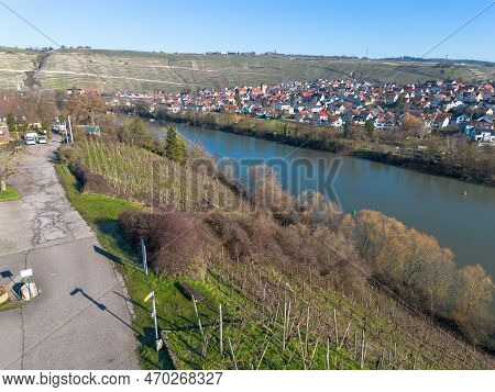 View From Hessigheim Over The Vineyards And The Neckar To Mundelsheim In Winter From Above