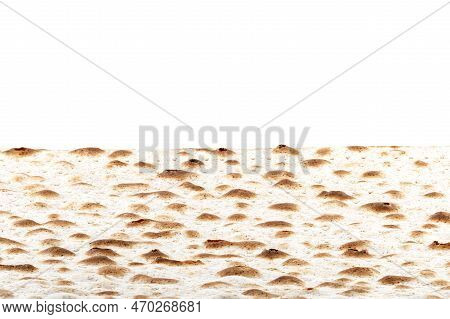 Matzah. Jewish Traditional Passover Bread. Pesach Celebration Symbol. Isolated On White. With Some F
