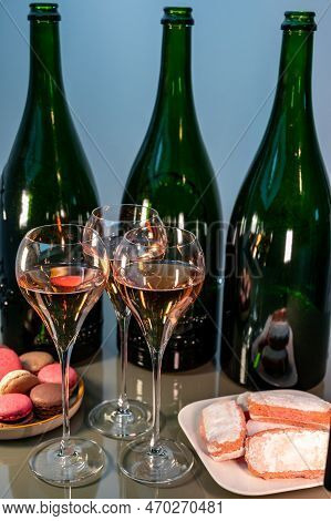 Tasting Of Rose Brut Champagne Sparkling Wine In Cellars Of Gran Cru Wine House In Epernay, Wine Tou