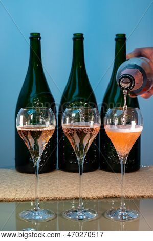Tasting Of Rose Brut Champagne Sparkling Wine In Cellars Of Gran Cru Wine House In Epernay, Wine Tou