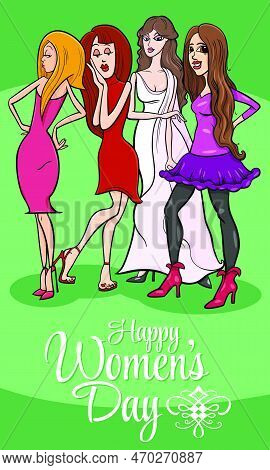 Women's Day Greeting Card Design With Cartoon Bautiful Women Characters Group