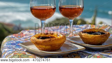 Portugal's Traditional Food And Drink, Glasses Of Porto Wine Or Muscatel De Setubal, Sweet Dessert P