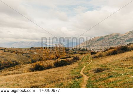 Landscape View Of Hills And Mountain And Far City Of Korce, Albania