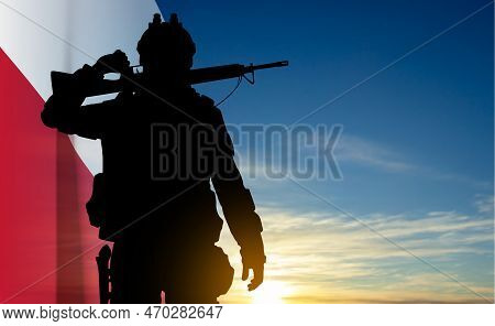 Silhouette Of Soldier With Polish Flag On Background Of Sunset. Armed Forces Of The Republic Of Pola