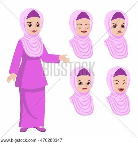 Pretty Malay Hijab Woman In Traditional Dress With Face Expression Set