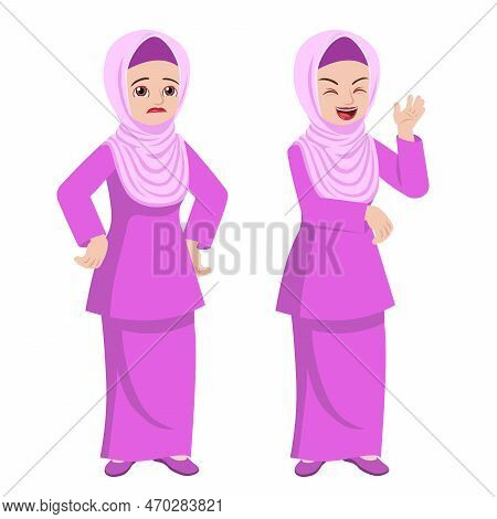 Pretty Malay Hijab Woman In Traditional Dress Standing Poses Front And Back View