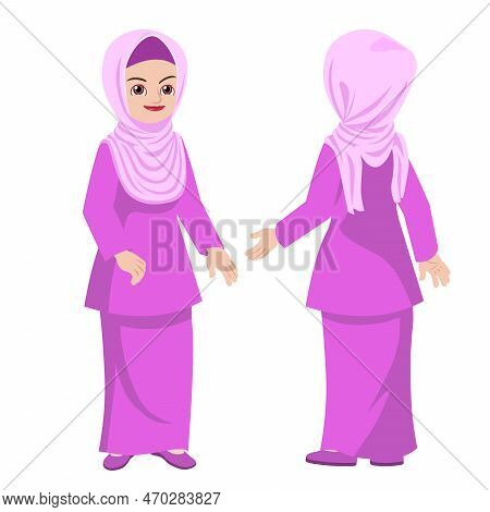 Pretty Malay Hijab Woman Standing Poses Front And Back View