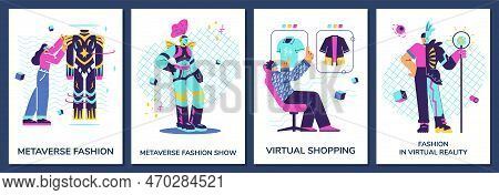 Metaverse Fashion Show And Virtual Reality Posters Set, Flat Vector Illustration.