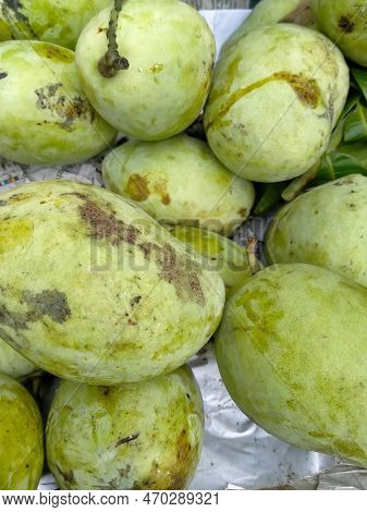 Green Mango Fruit Close-up On Sale In The Market Stall