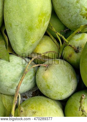 Green Mango Fruit Close-up On Sale In The Market Stall