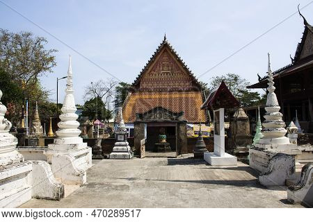 Ancient Ubosot Ordination Hall And Antique Stupa Chedi For Thai People Visit Respect Praying Blessin