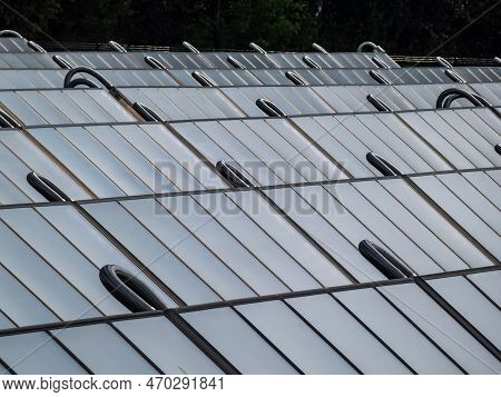 Pv Solar Panels From Solar Field Providing Alternative Green Energy Used For Heating. Solar Thermal 
