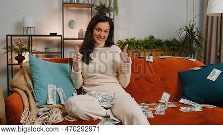 Successful Happy Rich Business Woman Counting Money Cheering Up With High Profits, Lottery Game Win,