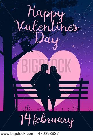 Loving Couple On The Bench At Night. Happy Valentines Day Poster