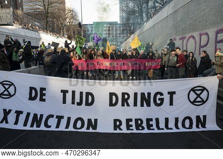 The Hague,the Netherlands.01-28-2023.extinction Rebellion Protested By Blocking The A12 Highway