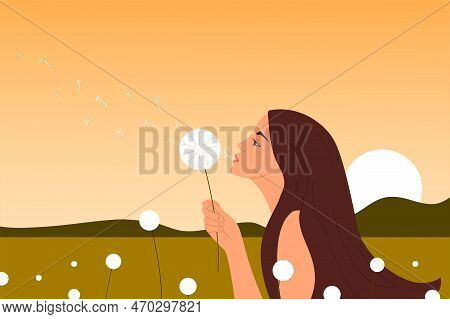 Young Woman Blowing Dandelion In Summer Field. Happy Girl At Sunset In Nature Background. Allergy To