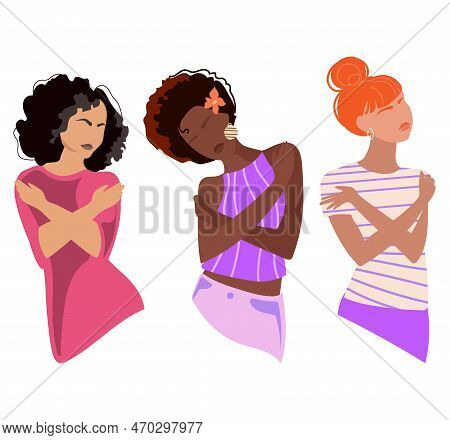 Different Nationality Female Person Is Hugging Herself.embrace Equity And Love Yourself Concept.inte