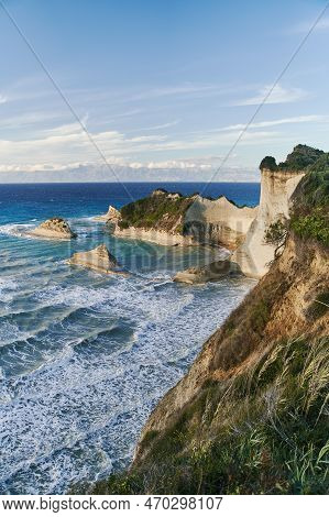 Famous Cape Drastis Cliffs On Corfu Island, Greece