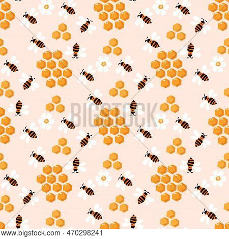 Summer Flat Cartoon Seamless Pattern With Honecomb, Honey Hive  And Bees. Creative  Kids Texture For