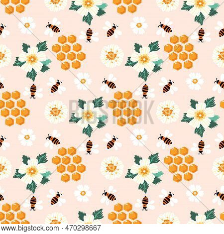 Summer Flat Cartoon Seamless Pattern With Honecomb, Honey Hive  And Bees. Creative  Kids Texture For