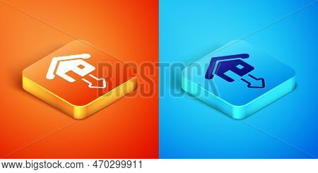 Isometric Property And Housing Market Collapse Icon Isolated On Orange And Blue Background. Falling 