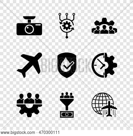 Set Car Dvr, Algorithm, Project Team Base, , Lead Management And Globe With Flying Plane Icon. Vecto