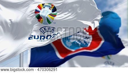 Berlin, De, Feb 2023: The Flags Of Euro 2024 And Uefa Fluttering In The Wind. The 17th Edition Of Th