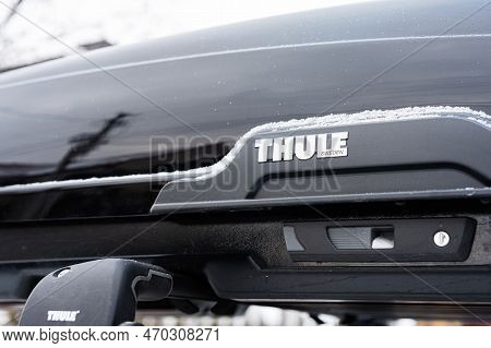 Ternopil, Ukraine - January 27, 2023: Thule Roof Mounted Cargo Box On Car.