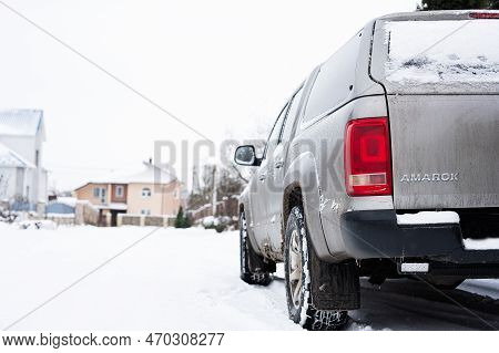 Ternopil, Ukraine - January 27, 2023: Back Of Gray Volkswagen Amarok V6 Tdi In Winter