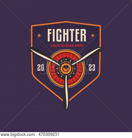 Airplane Logo Template With Propeller. Plane Fighter Badge Graphics For Tshirt, Sticker. Flight Bran