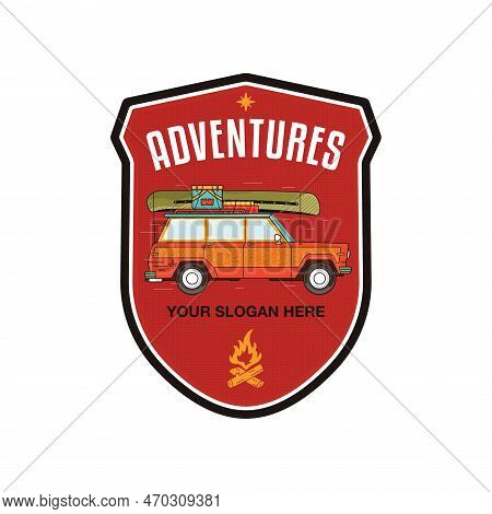 Camping Adventure Badge Design With Camper Car, Canoe, Campfire And Camp Equipment. Travel Logo Grap