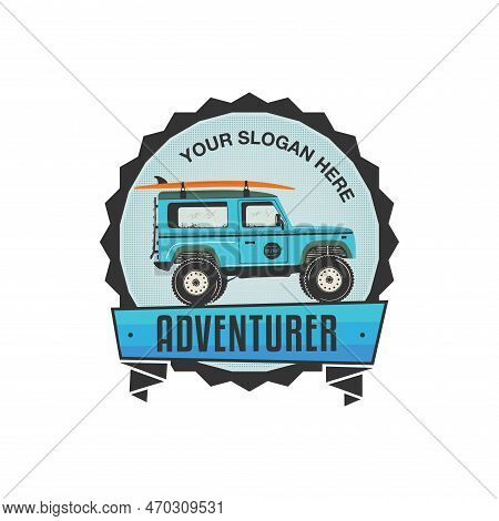 Summer Surfing Badge Design With Surf Car And Surfboard. Travel Logo Graphics. Stock Vector Retro La