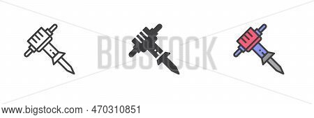 Pneumatic Rock Drill Different Style Icon Set. Line, Glyph And Filled Outline Colorful Version, Outl