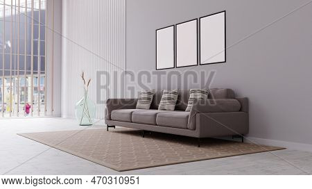 Living Room Interior In Beige Colors With Three Big Whit Frames. 3d Illustration