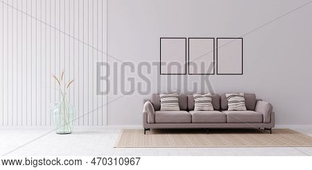 Living Room Interior In Beige Colors With Three Big Whit Frames. 3d Illustration
