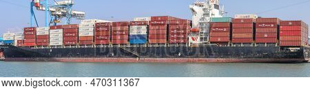 Haifa, Israel - October 11, 2021: Msc Mega Container Ship Docked At Haifa Shipping Port. Panoramic P