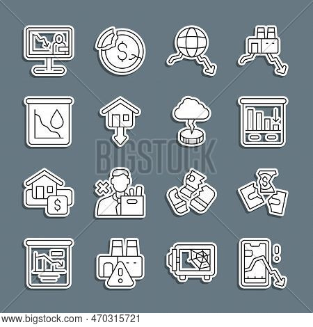 Set Line Mobile Stock Trading, Tearing Money Banknote, Pie Chart Infographic, Global Economic Crisis