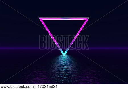 Triangle Neon Frame Floating Above The Liquid Surface. Futuristic Surreal 3d Rendering