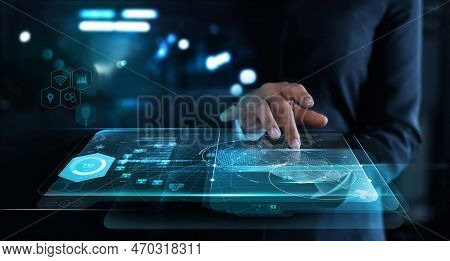 Businesswoman Touching Interface And Startup A Global Network Connection On Virtual Screen ,innovati