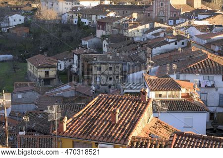 Aerial View Of The Roofs Of The Jewish Quarter Of Hervas Horizontally At Sunset