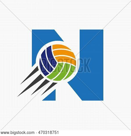 Initial Letter N Volleyball Logo Concept With Moving Volley Ball Icon. Volleyball Sports Logotype Sy