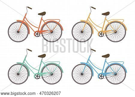 Ladys Sports Bike Set Isolated On White Background. Bicycle Side View Two-wheeled Transport Personal