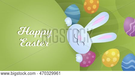 Happy Easter Greetings Card With Easter Bunny And Easter Eggs. Vector Illustration In Cartoon Style 