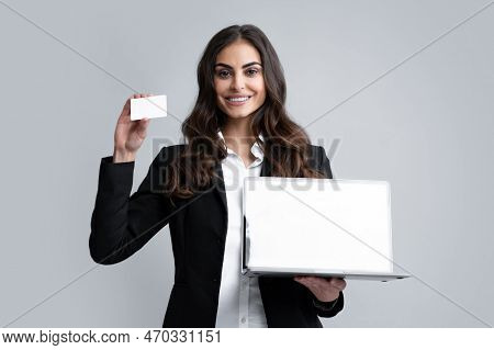 Online Payment. Girl Enter Credit Card Info On Webside To Make Purchase, Using Laptop To Shop, Payin
