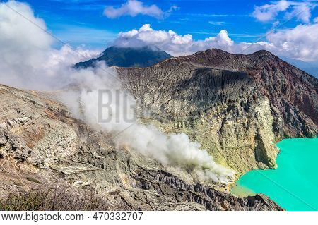 Panoramic Aerial View Crater Of Active Volcano Ijen, Java Island, Indonesia