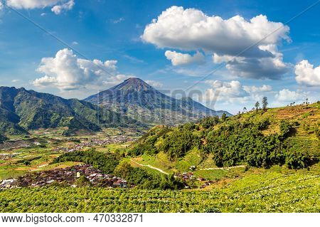 Panoramic View Of Sindoro Mountain, Central Java, Indonesia