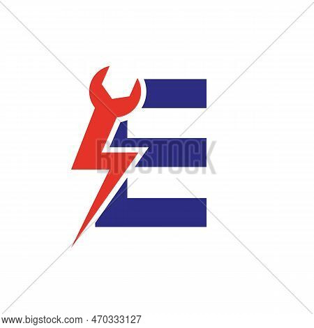 Initial Letter E Repair Wrench And Volt Power Logo Design For Repair, Electrical Sign Vector Templat