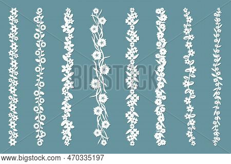 Set Of Borders With Floral Ornament. Leaves And Flowers Border. Plants Theme. Vector Template For La