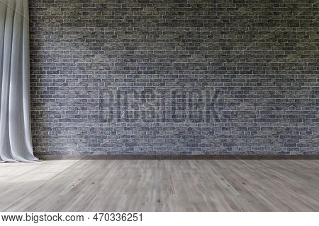 Empty Brickstone Wall Frontal Modern Light-flooded Room, Wooden Parquet Floor; Sunshine Curtain; 3d 
